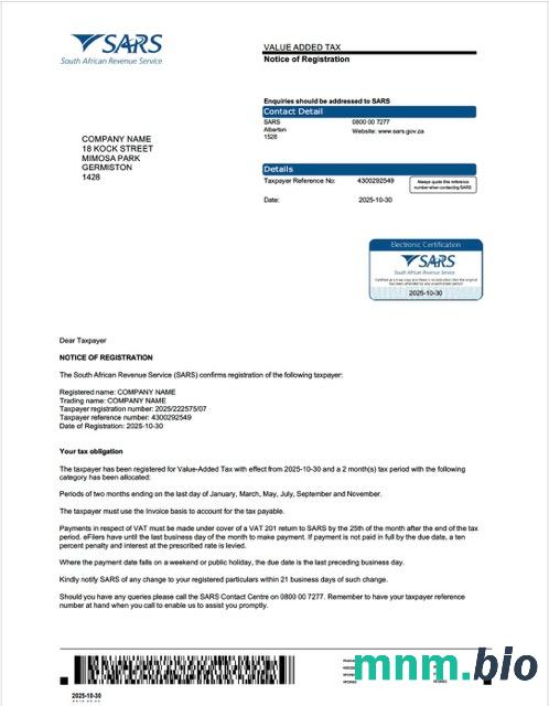 Tekstowy i PDF szablon certyfikatu podatku od wartości dodanej w RPA